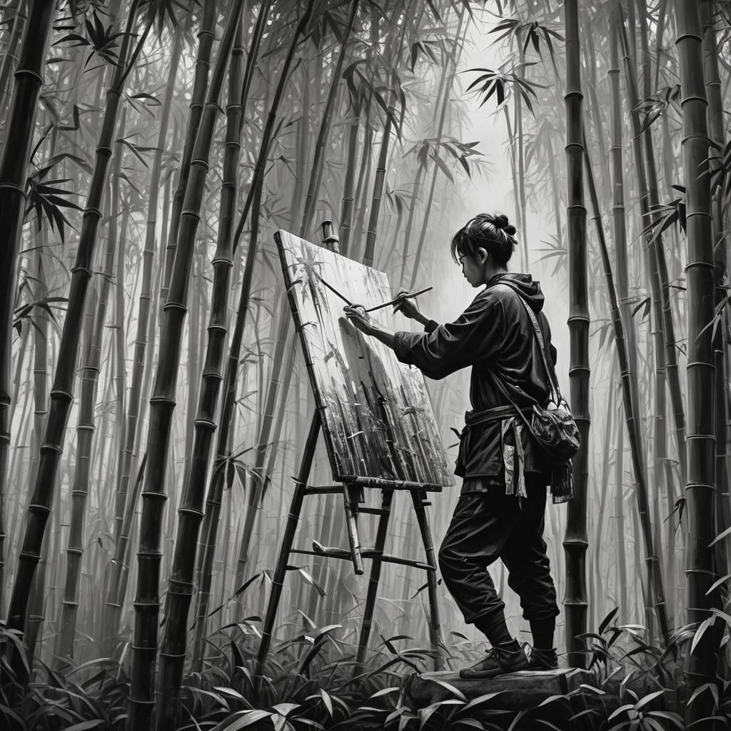 Monochrome Oil Painting of Person Painting Bamboo