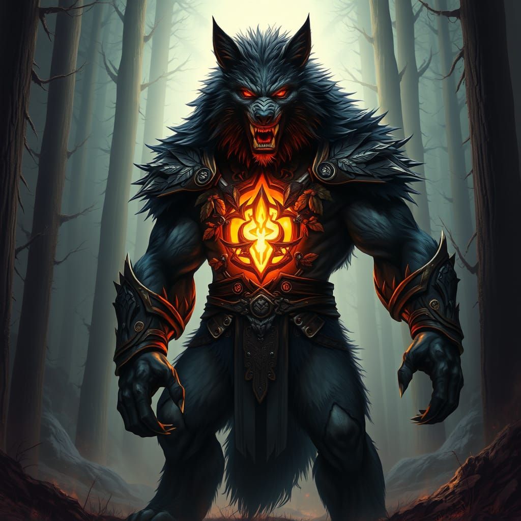 Towering Werewolf in Mystical Forest with Glowing Portal