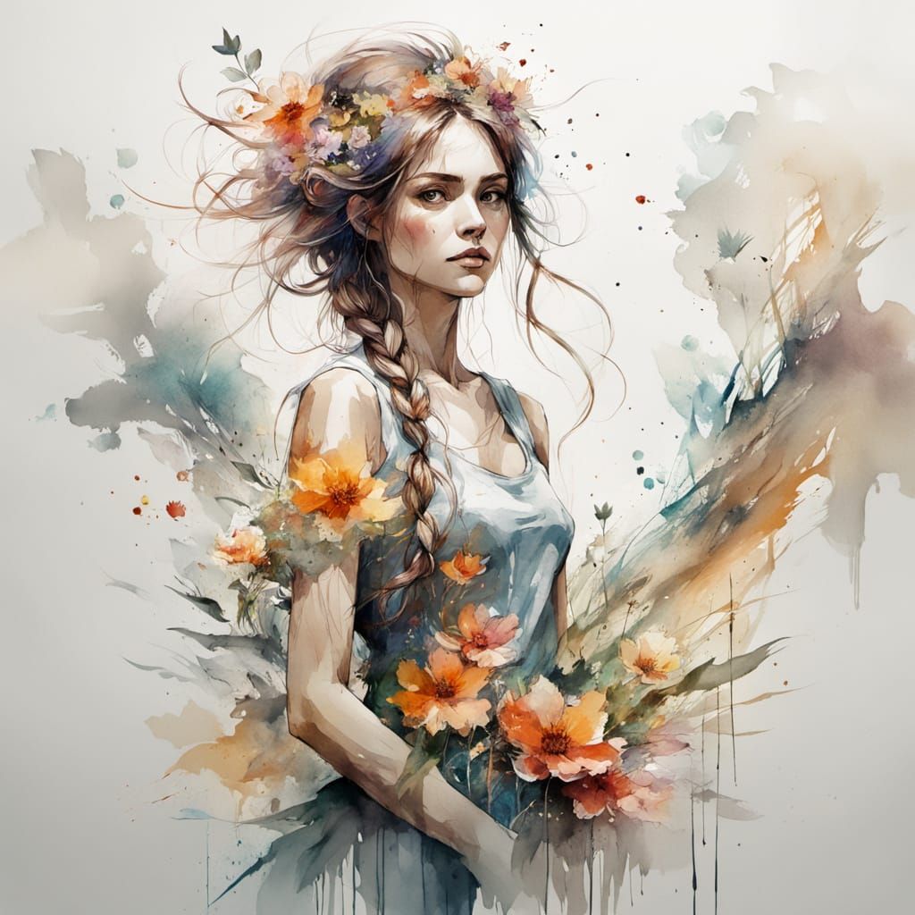 Forest Spirit Woman Made of Scattering Flowers with Ink Outl...