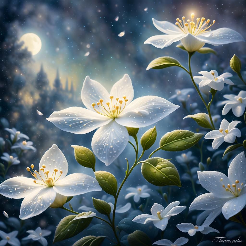 Glowing Jasmine Flower in Ethereal Moonlit Darkness