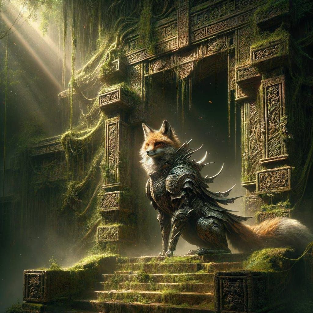 Armored Fox Guards Ancient Temple in Dark Fantasy Style
