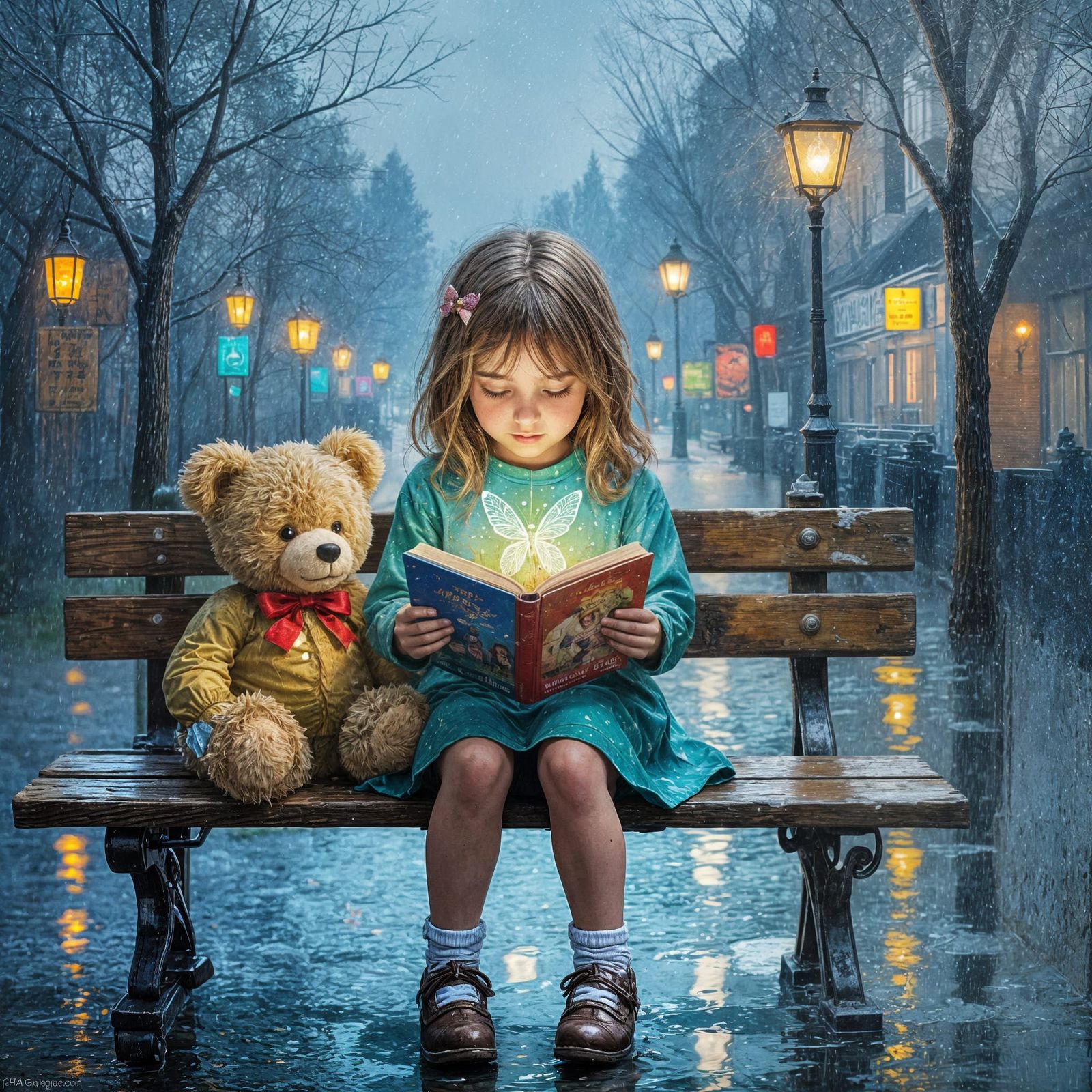 Impressionist Painting of Girl with Teddy Bear in Rainy City