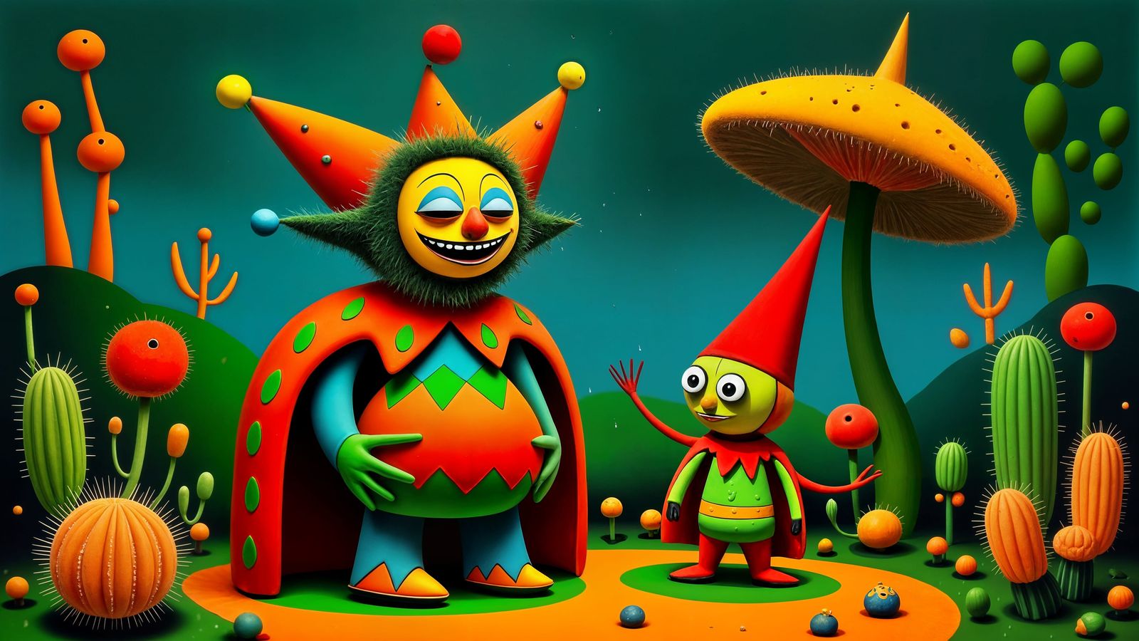 Whimsical Jester in Enchanted Garden with Surprised Gnome