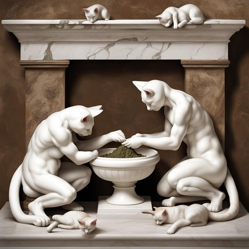 Cats Worshiping Catnip Statue in Marble Style