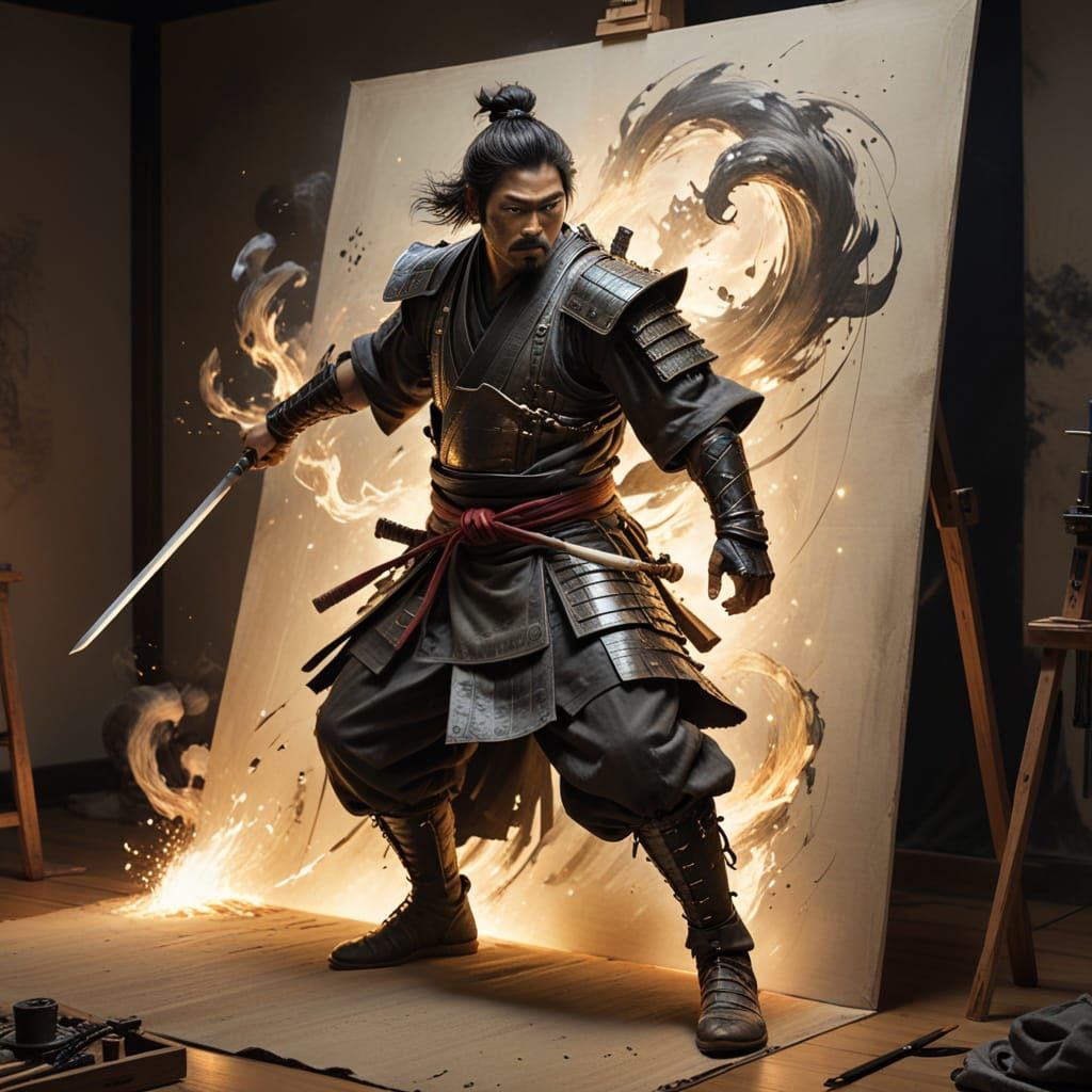 Ancient Samurai Awakens from Charcoal Sketch