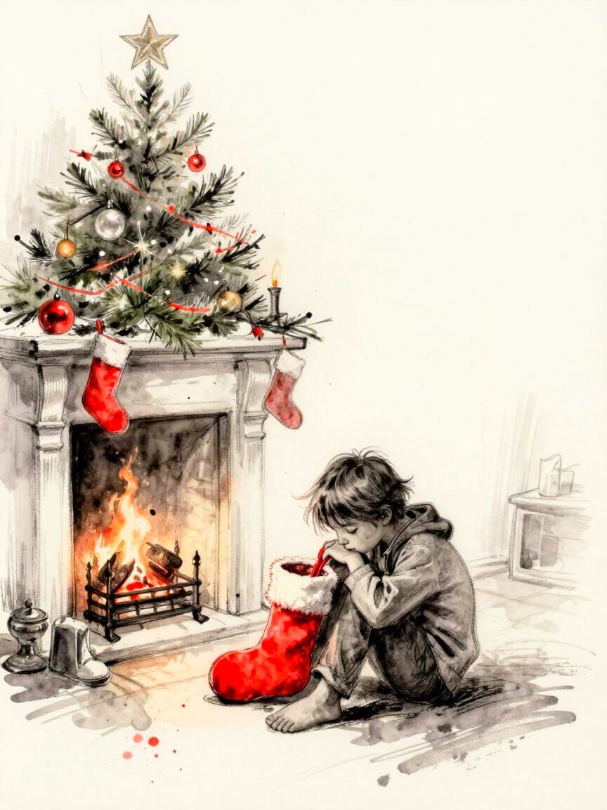Sad Child by Fireplace, Watercolour Expressionism Sketch