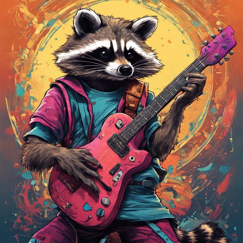 Racoon Guitarist: Tetradic Colors in Anime Pop Art