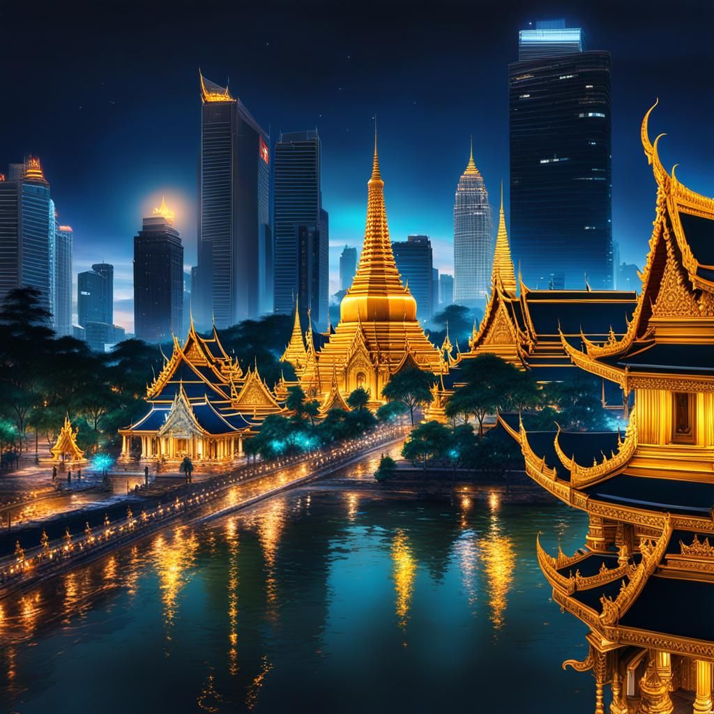 View of Bangkok at night in the Grand Palace area