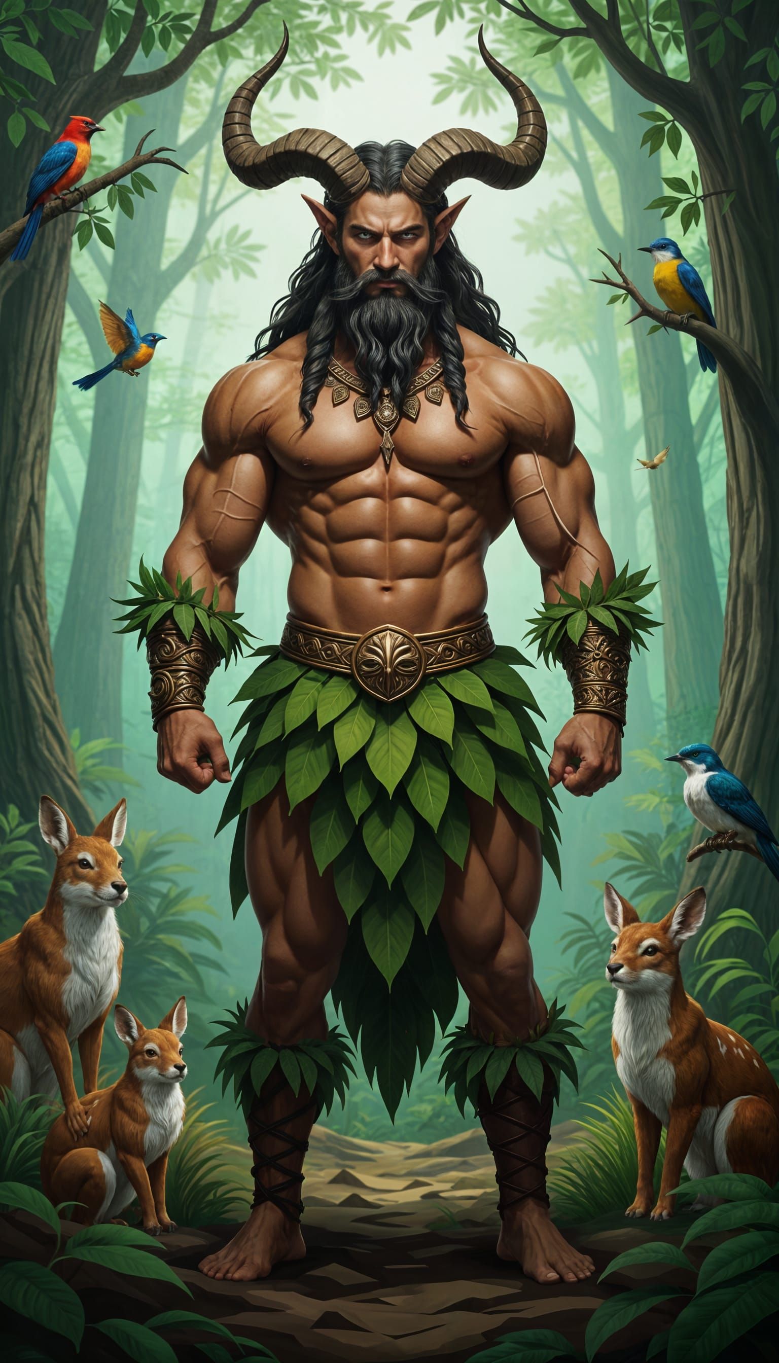 Muscular Horned God in Lush Forest