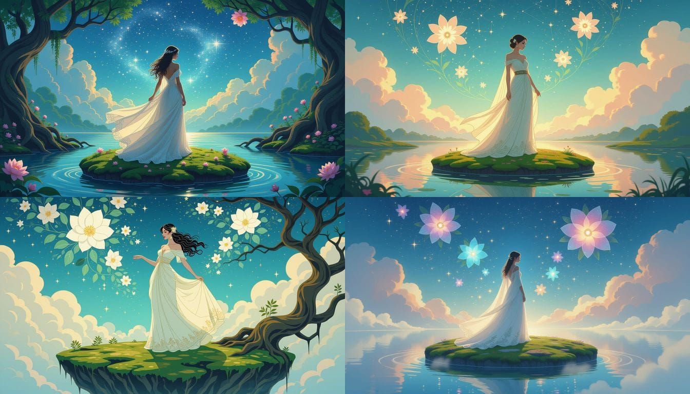 Woman on Floating Island with Blooming Constellations