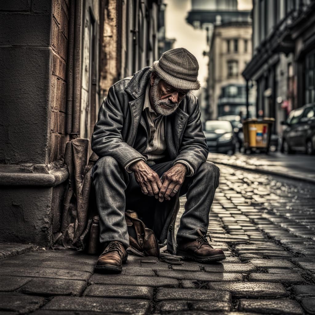 Miniature Ragged Figure Hiding in City Street