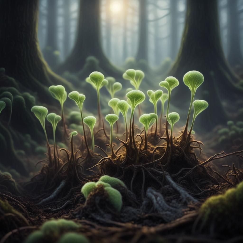 Ethereal Seedlings Glow in Misty Forest