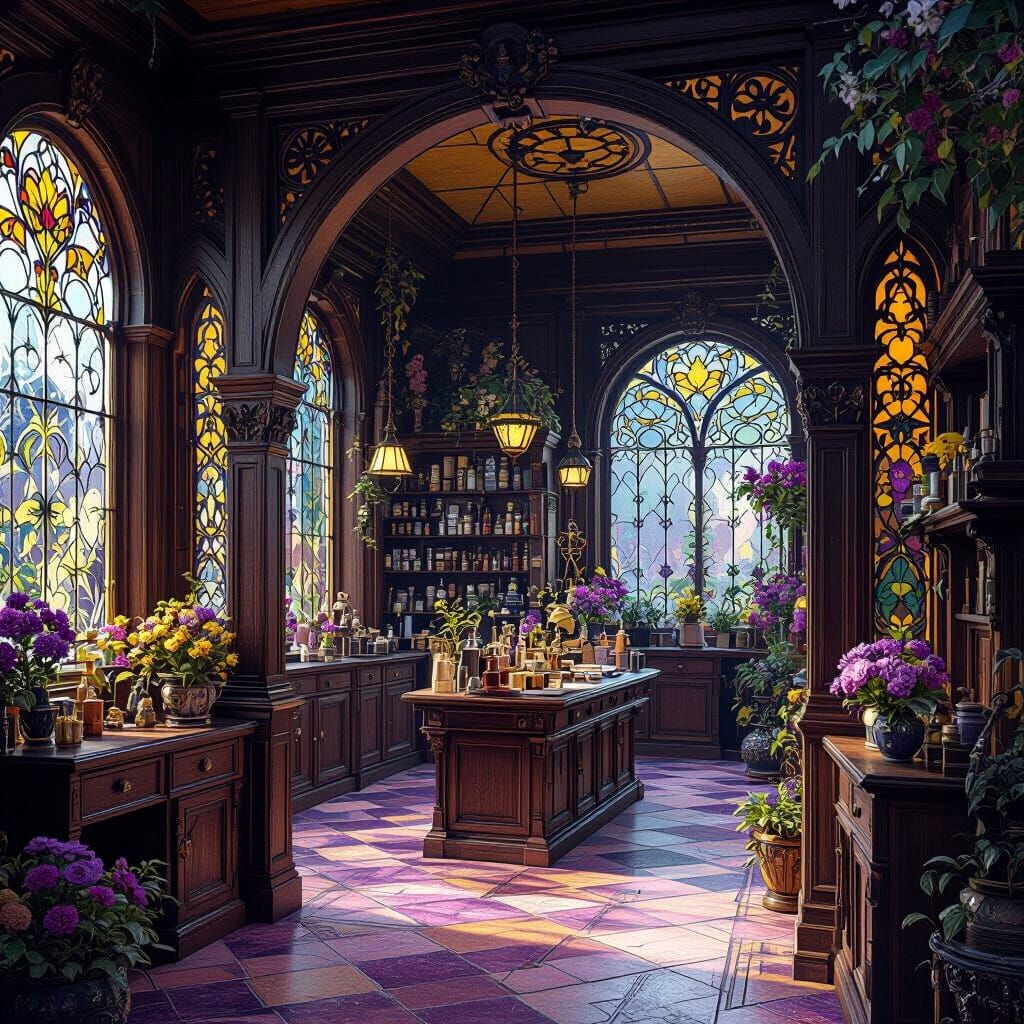 Victorian Flower Shop Interior with Carved Archway and Perfu...