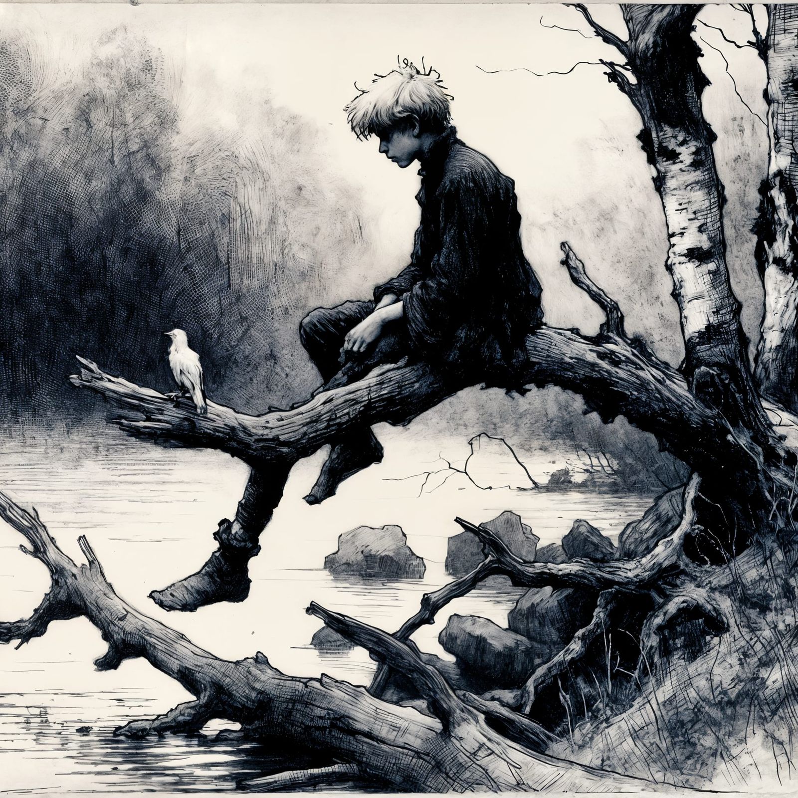 Young Boy Contemplates in a Somber Forest Landscape