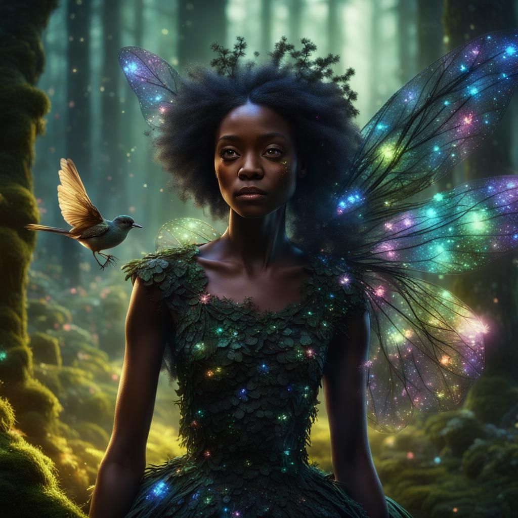 Black Fairy with Bird and Glowing Moss