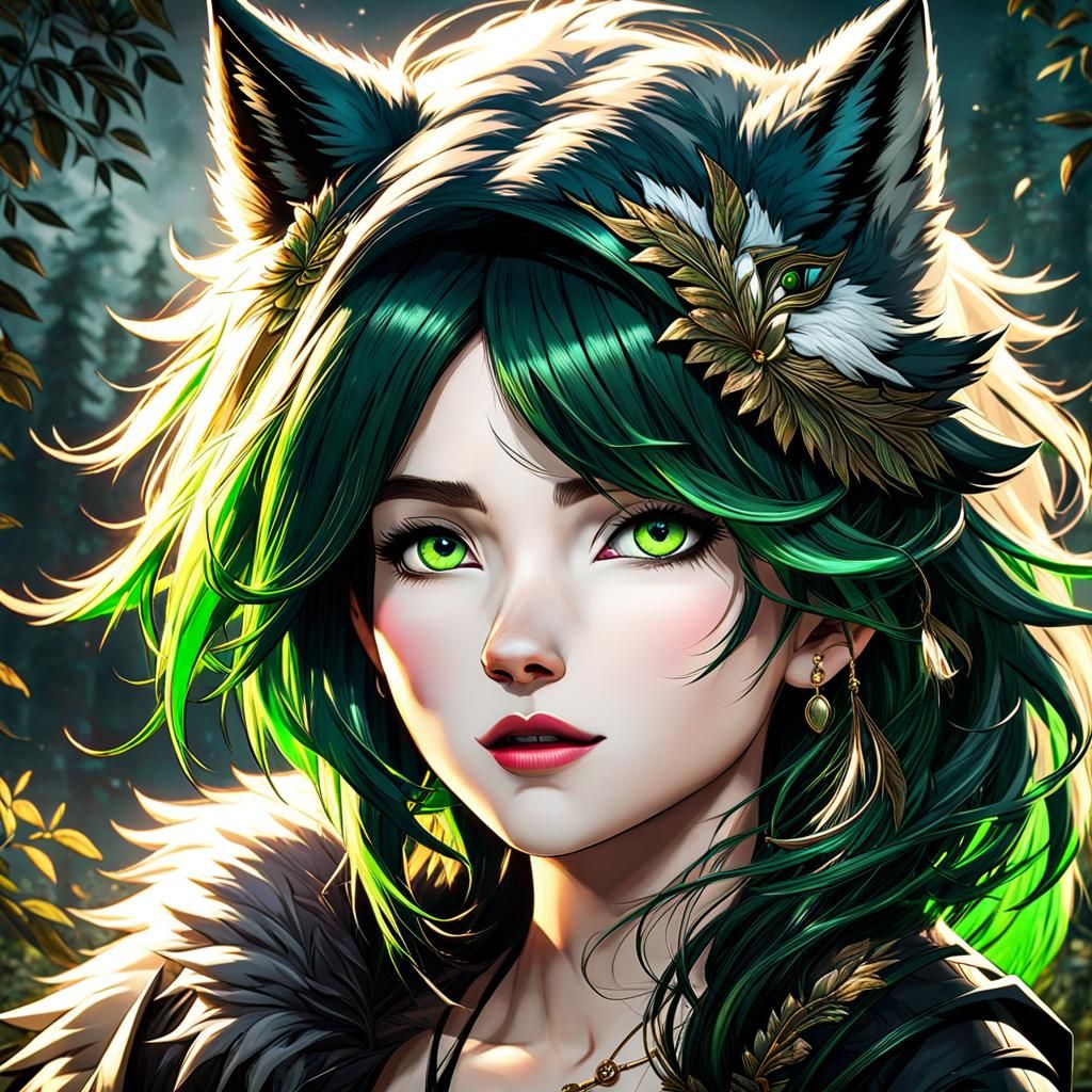 Wolf Girl with Green Hair in 3D Game Style