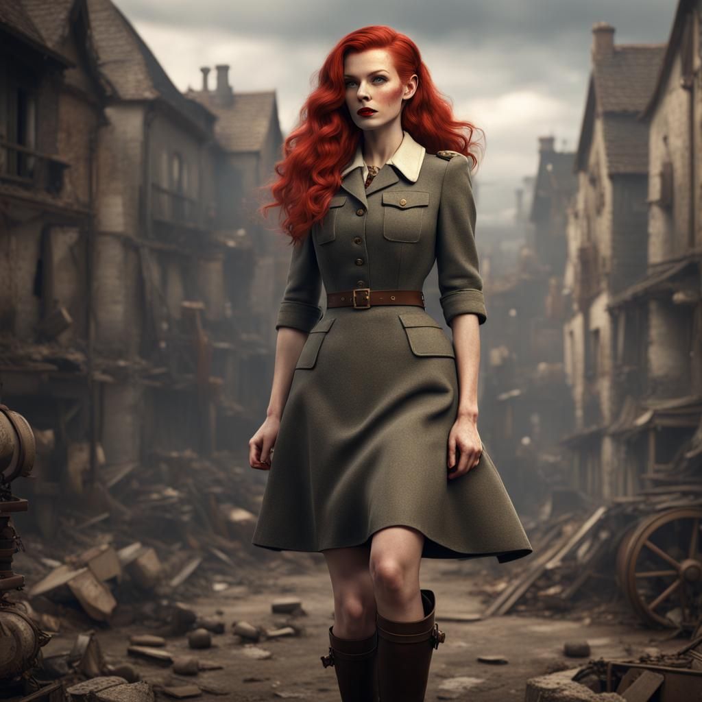 French Redhead in WWII, Detailed Matte Painting