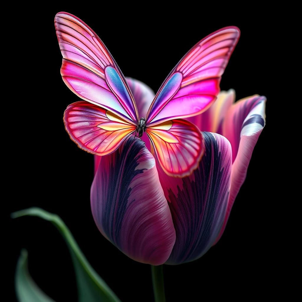 Dreamlike Butterfly on Tulip Blooms in Rich, Velvety Black