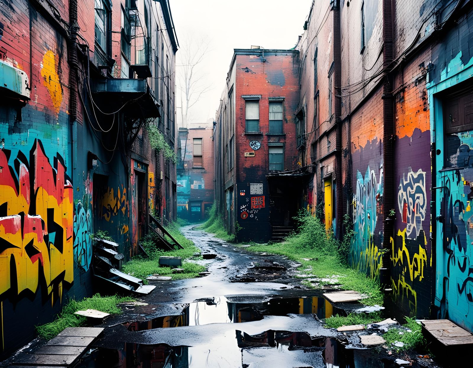 Post-Apocalyptic Alleyway Photo in Maximalist Style