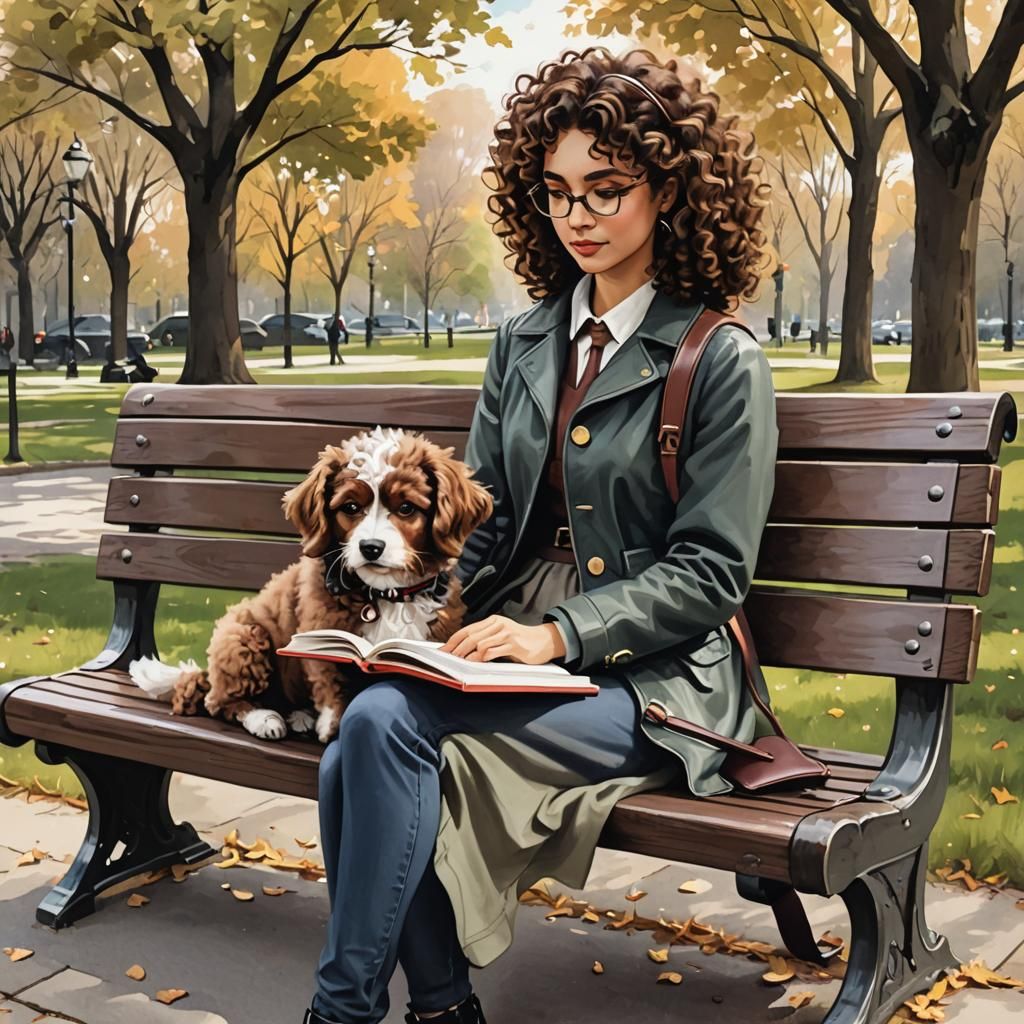 Girl and Dog Reading in Park, Cecconi Style