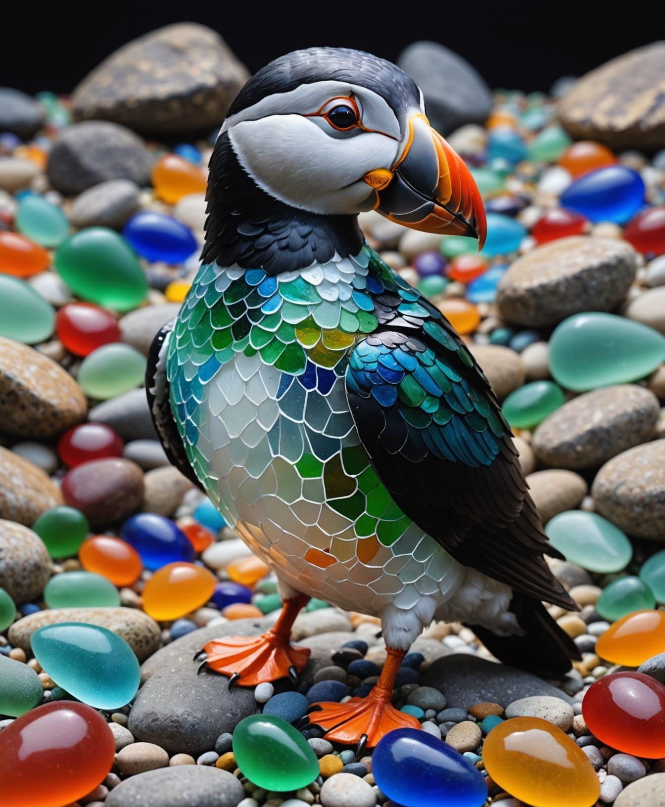 Sparkling Sea Glass Puffin Sculpture on Colorful Rocks