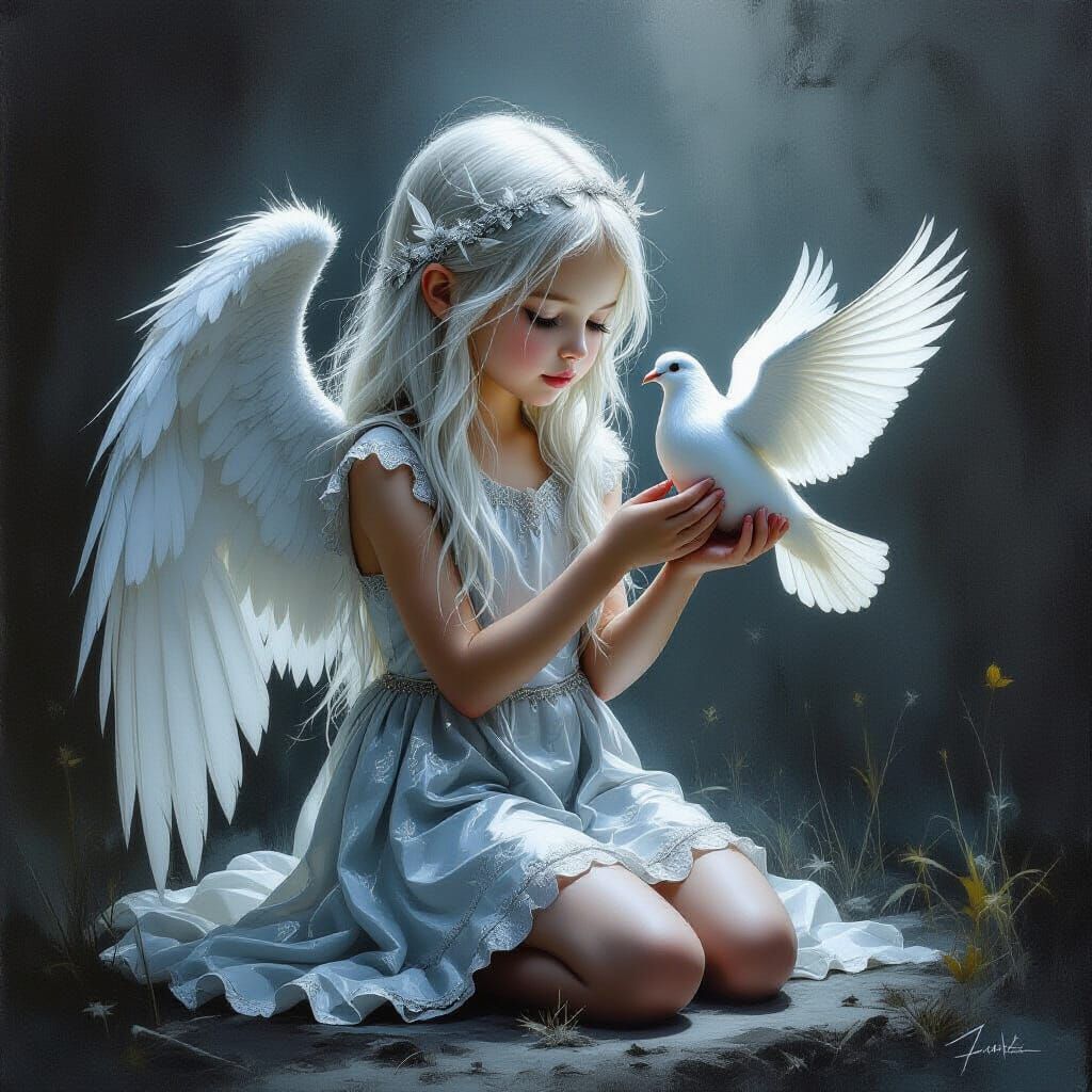 Gothic Silver Angel with Dove in Dark Mystical Setting