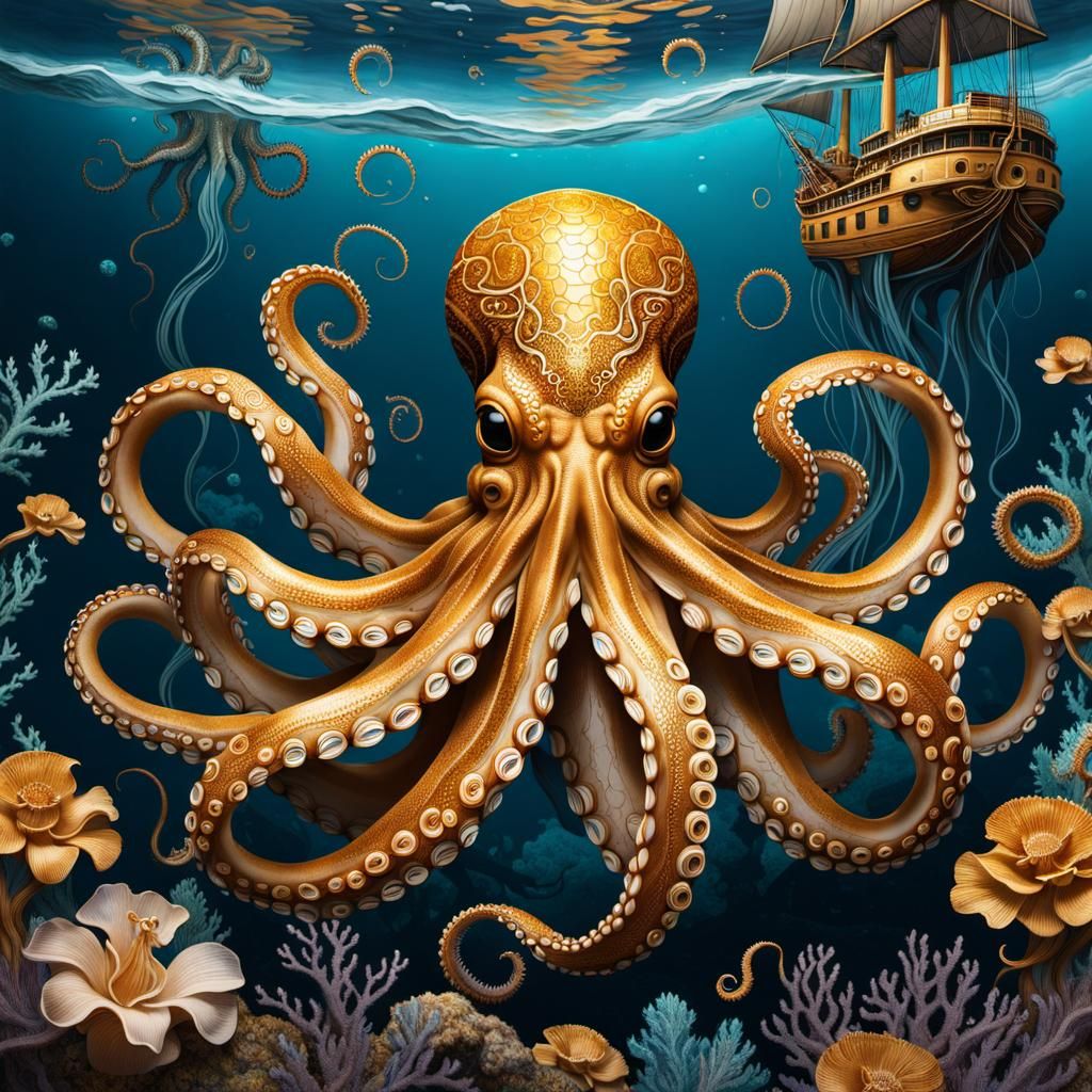 Intricate Kintsugi Octopus on Shipwreck