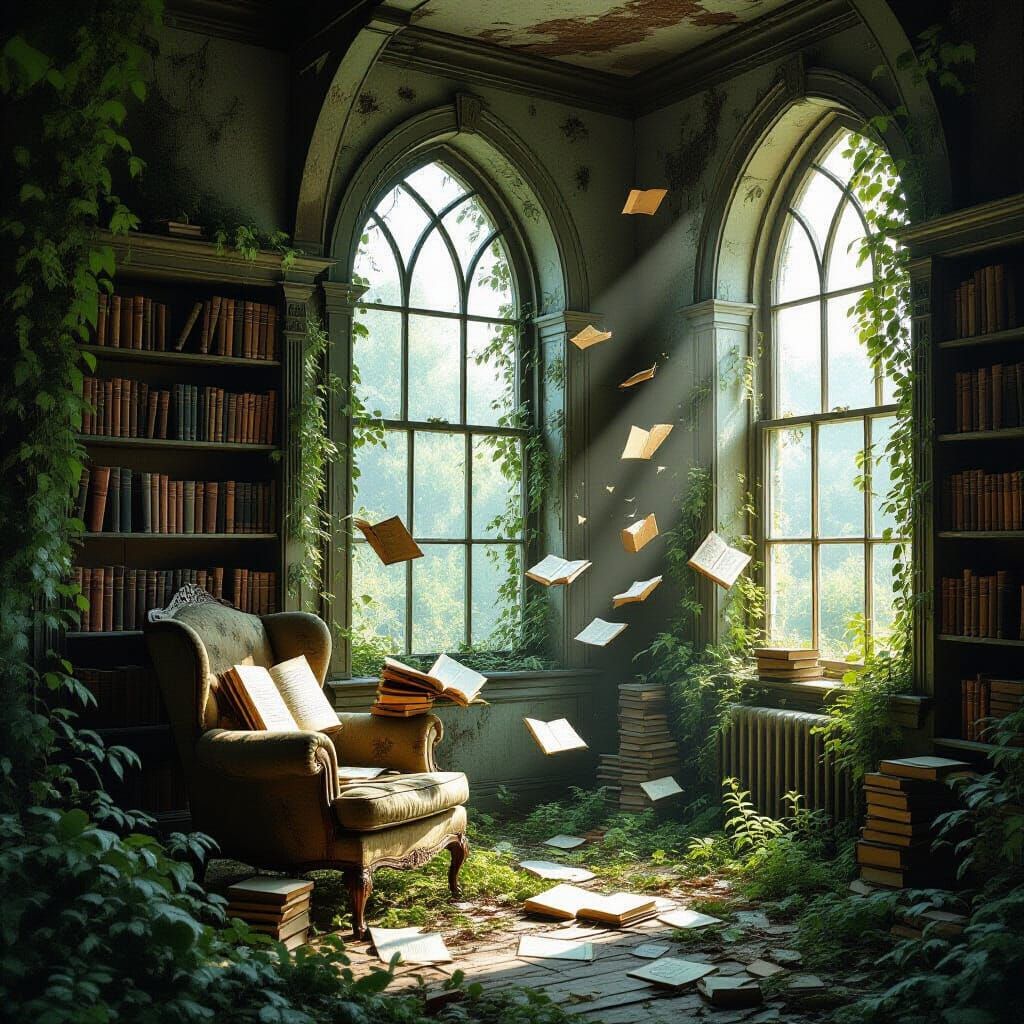 Enchanted Overgrown House with Living Books