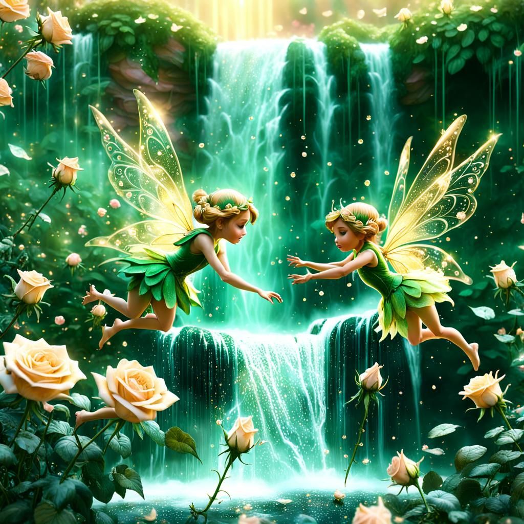 Rose Blossom Fairies Dancing in Waterfall Garden