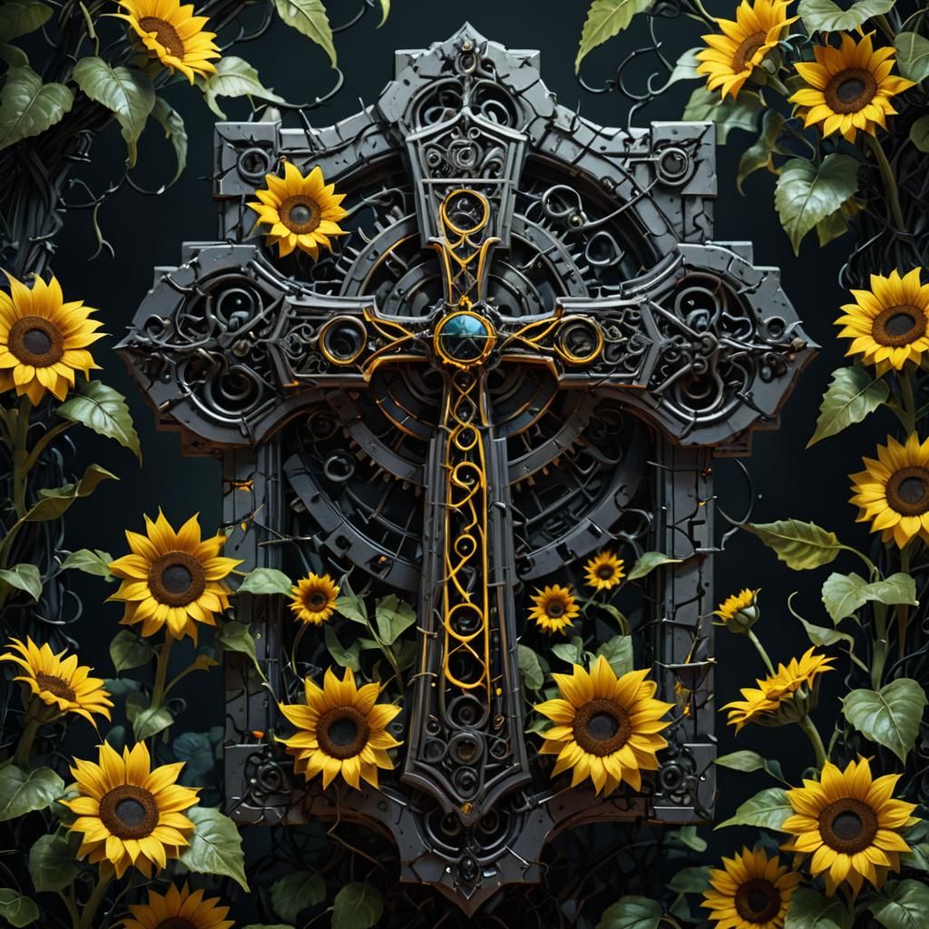 Neon Stone Cross with Thorns and Sunflowers