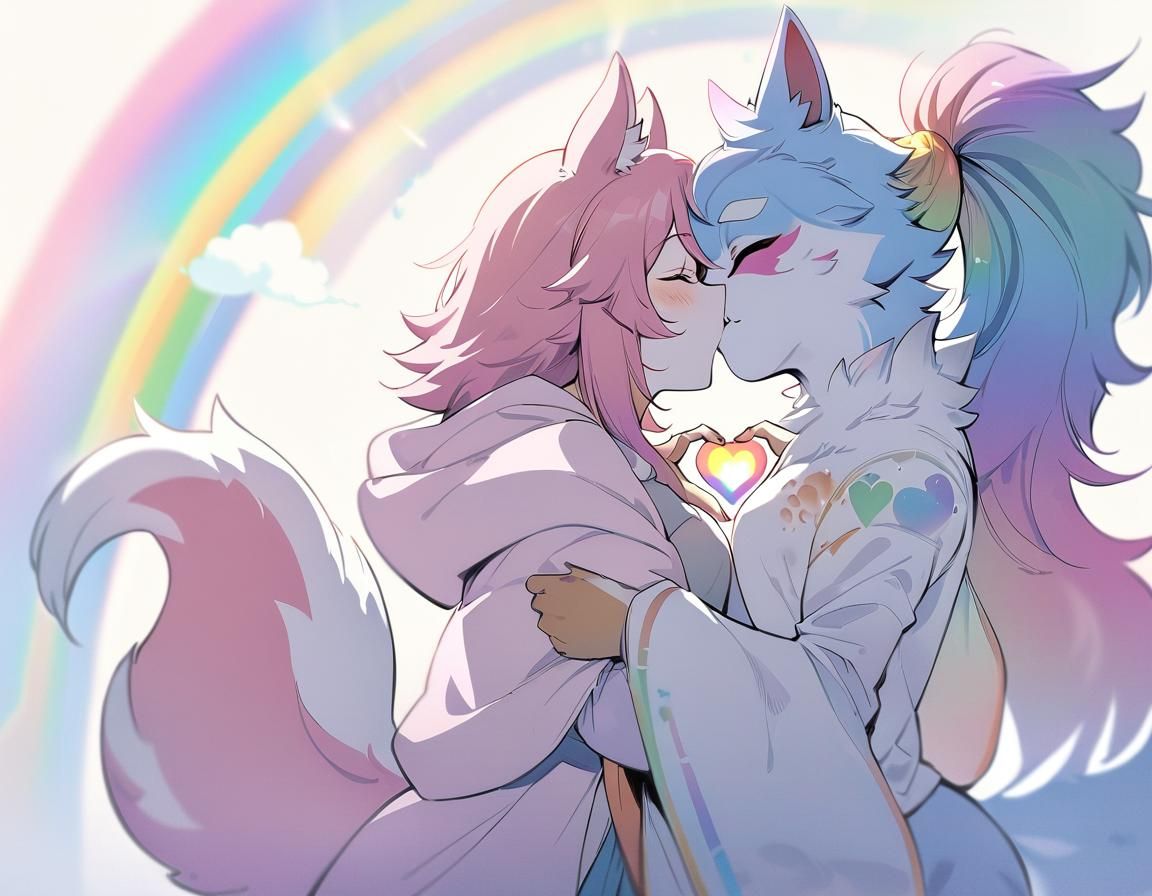 Wolf Furries' Passionate Kiss in Pastel Rainbow