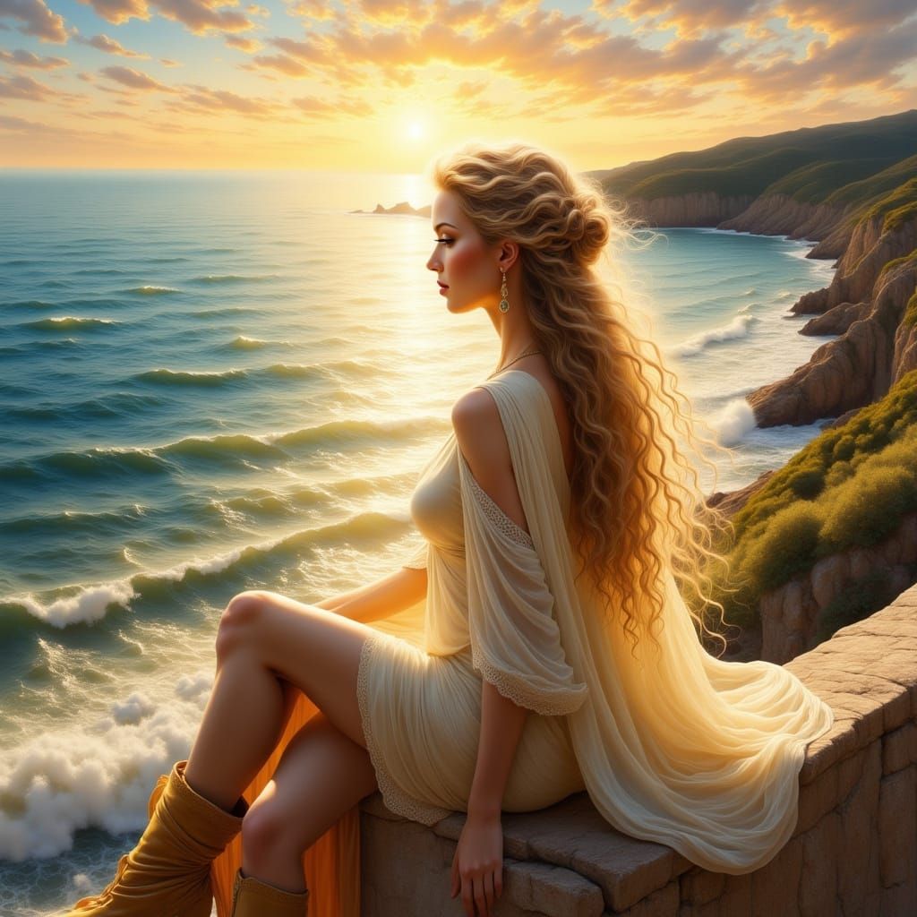 Woman on Terrace Overlooking Sea at Golden Hour