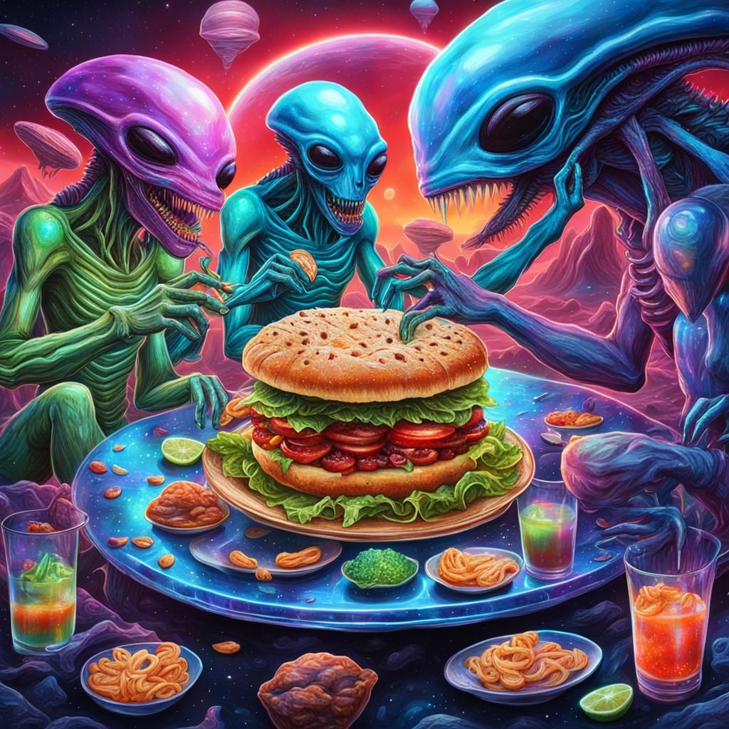 Aliens Enjoying Alien-Themed Food, Cosmic Illustration