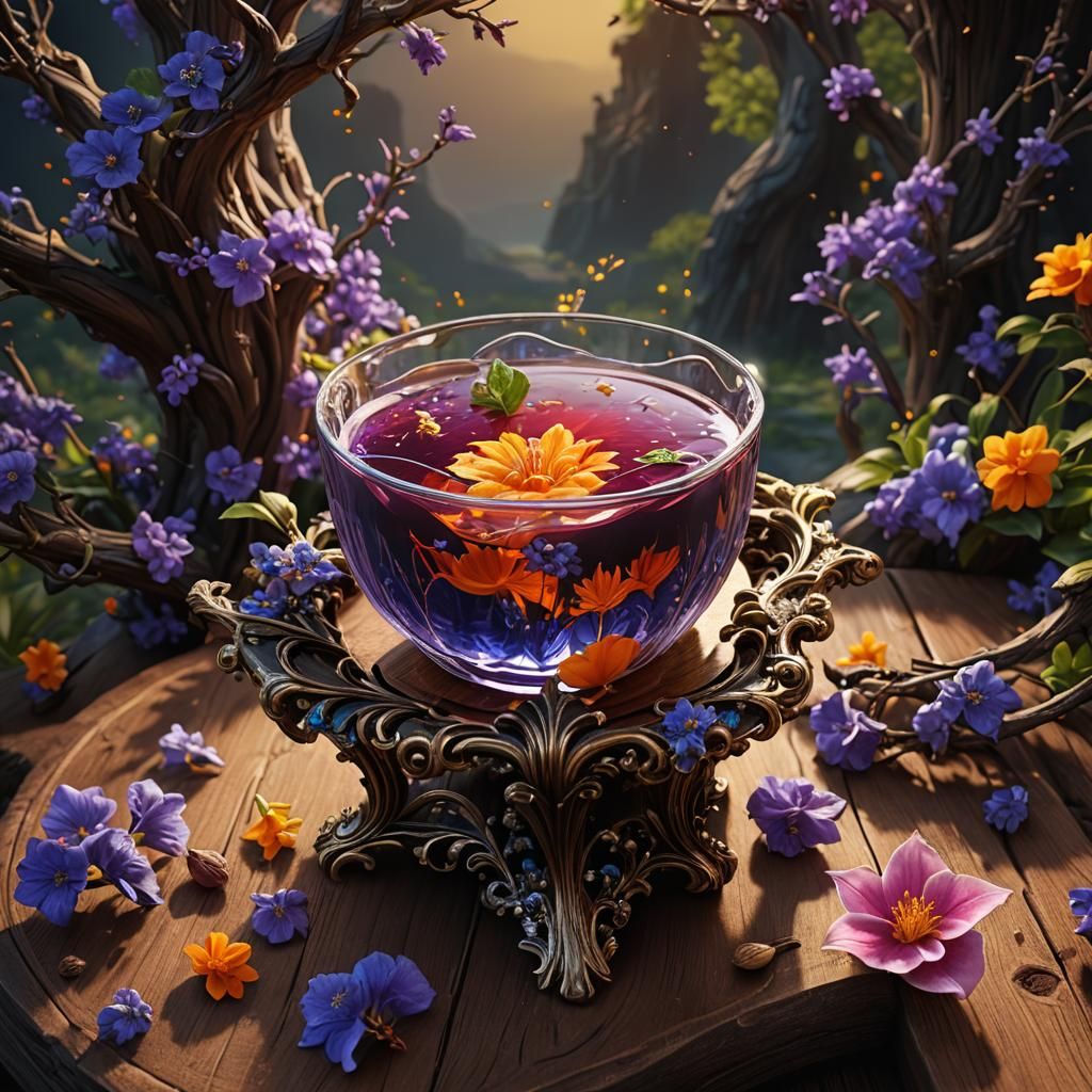 Hyperdetailed Ambrosia Nectar on Wooden Table