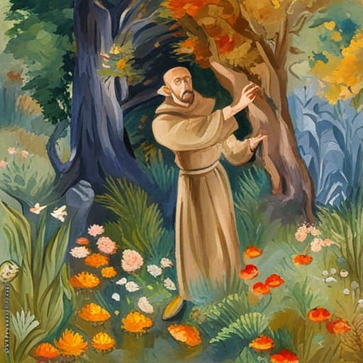 Saint Francis in Nature: Gouache Watercolor Impressionism
