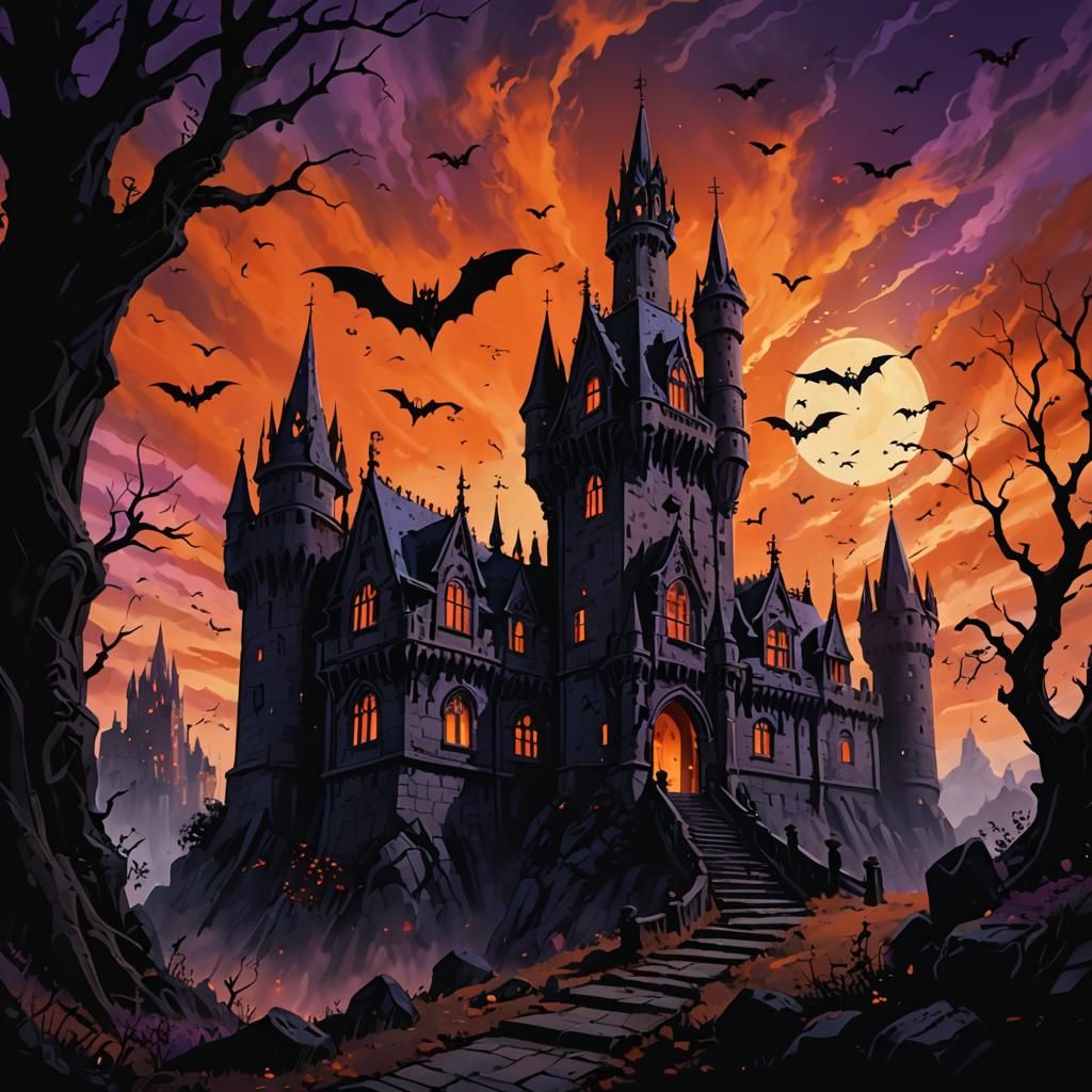 Haunted Gothic Castle at Sunset with Bats