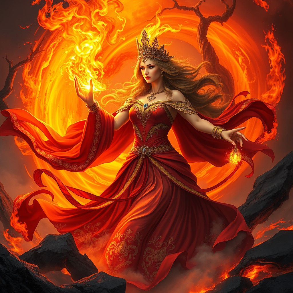 Fiery Princess Harnessing Lava in Fantasy Landscape
