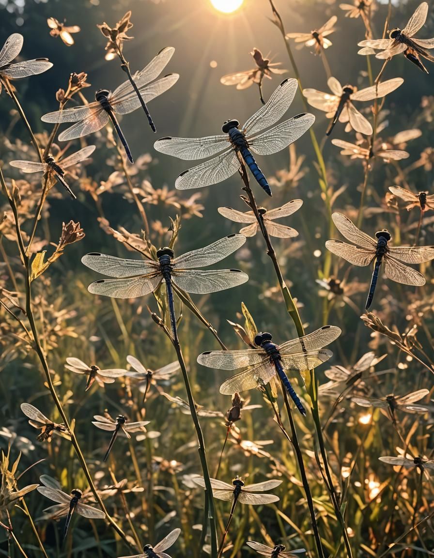 Dragonflies Dancing at Sunset in Photorealistic Style