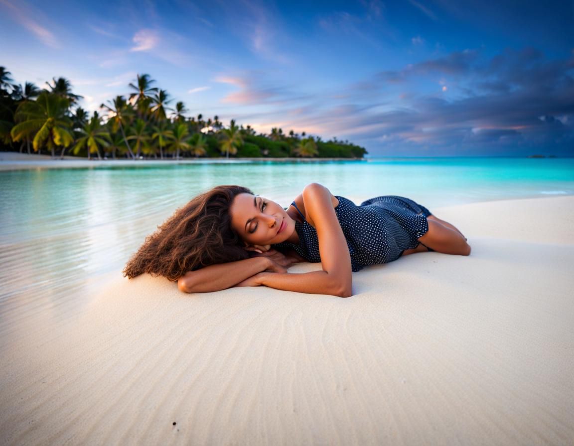 Tropical Island Sunset with Woman Relaxing