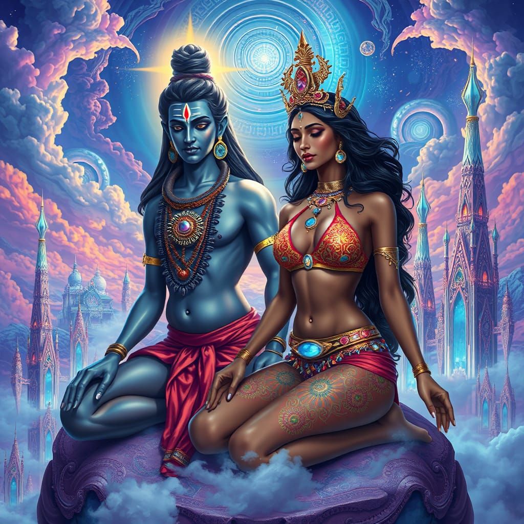 Futuristic Indian Woman and Shiva Meditate in Sky Town