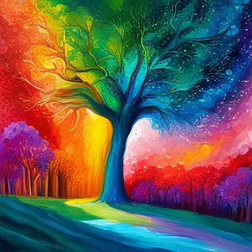 Rainbow Galaxy Tree in Gouache Watercolor Style