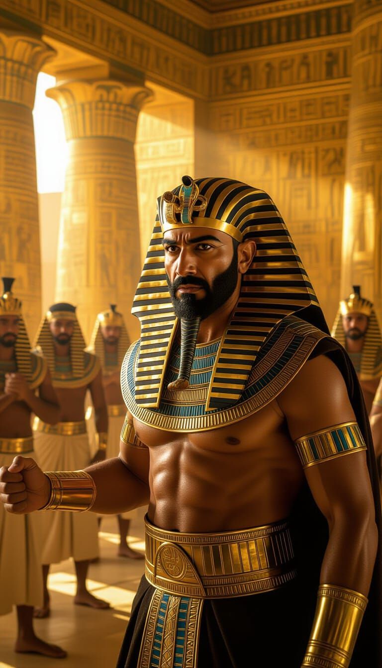 Pharaoh's Furious Gaze in a Golden Egyptian Palace Hall