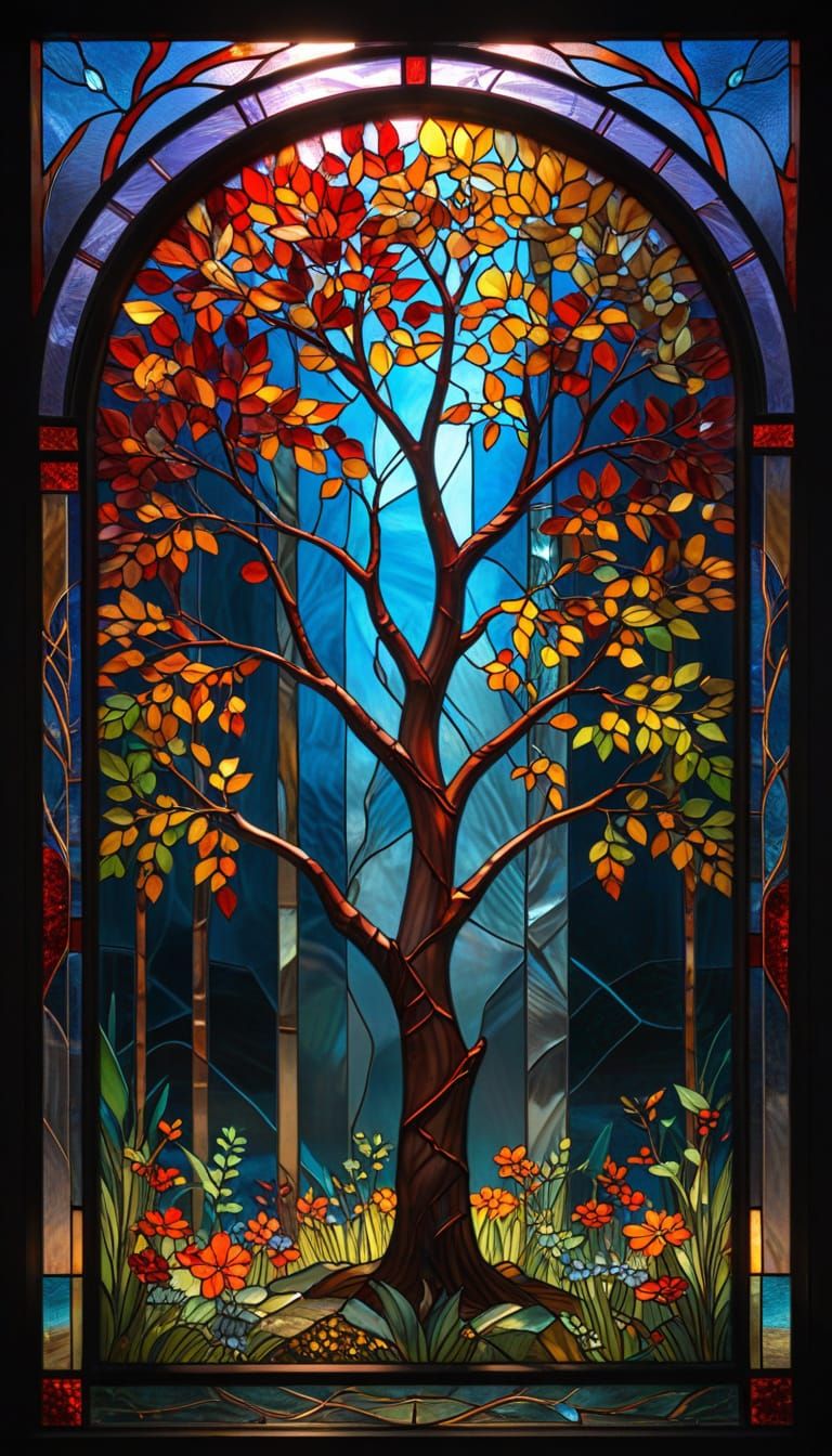 Majestic Red Birch Tree of Life in Stained Glass Style