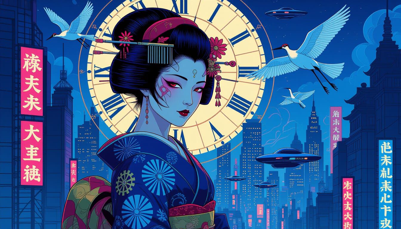 Cyberpunk Geisha in Futuristic Cityscape