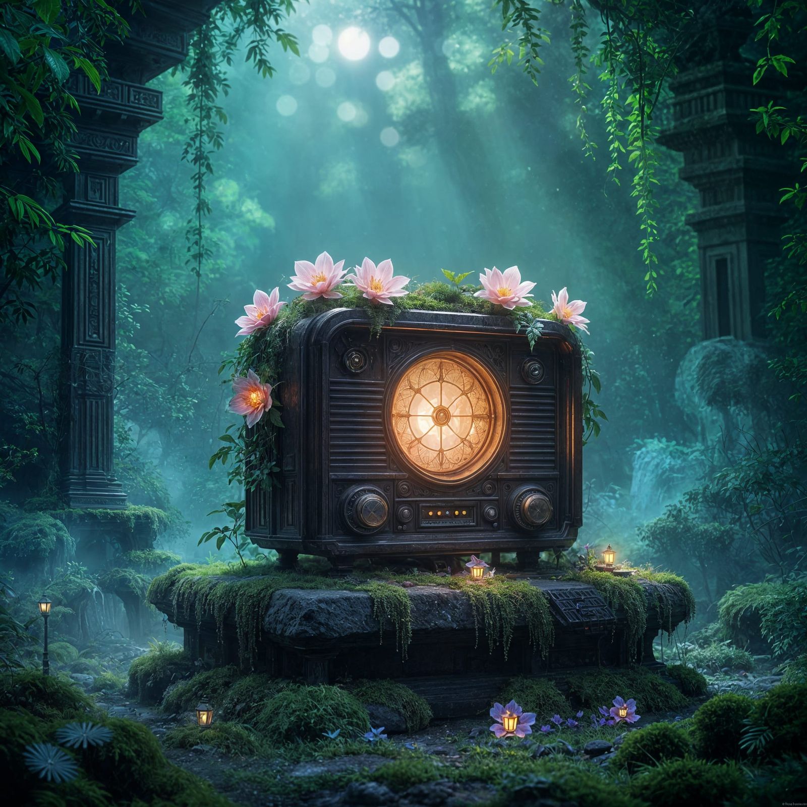 Enchanted Radio with Bioluminescent Flora in Overgrown Templ...