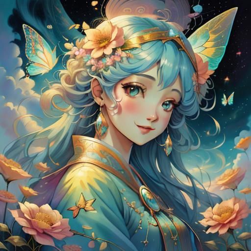 Cheerful Butterfly Fairy Goddess in Pastel Colors