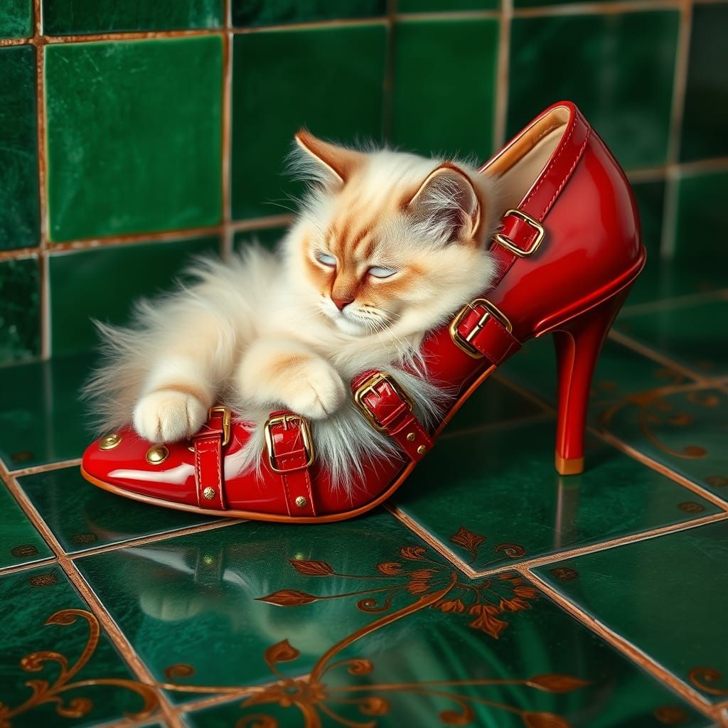 Whimsical Cat in Golden High Heel