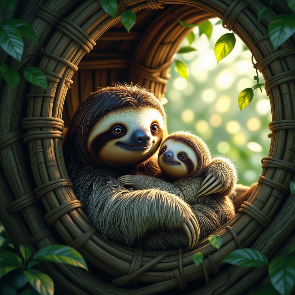 Mother and Baby Sloth in Cosy Treehouse Nook
