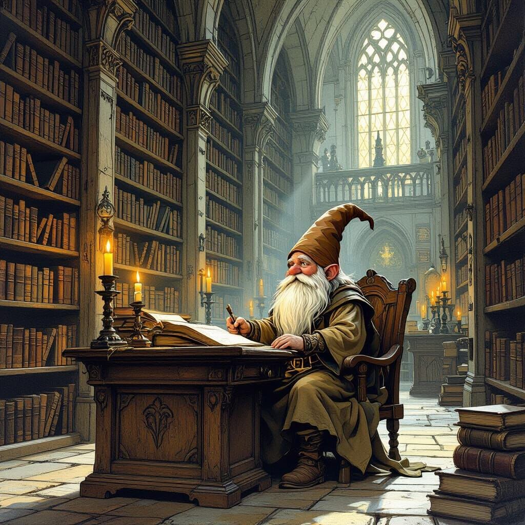 Gnome Scholar in Candlelit Library, Gothic Fantasy
