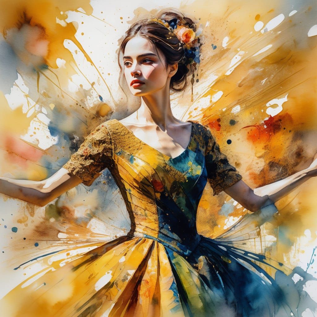 Expressionist Woman in Elaborate Dress with Watercolor Textu...